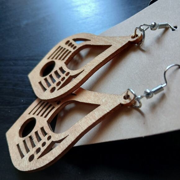 Laser cut wood dangle earrings 3.5" L x 3" W fish hook lightweight teardrop boho - Picture 5 of 8